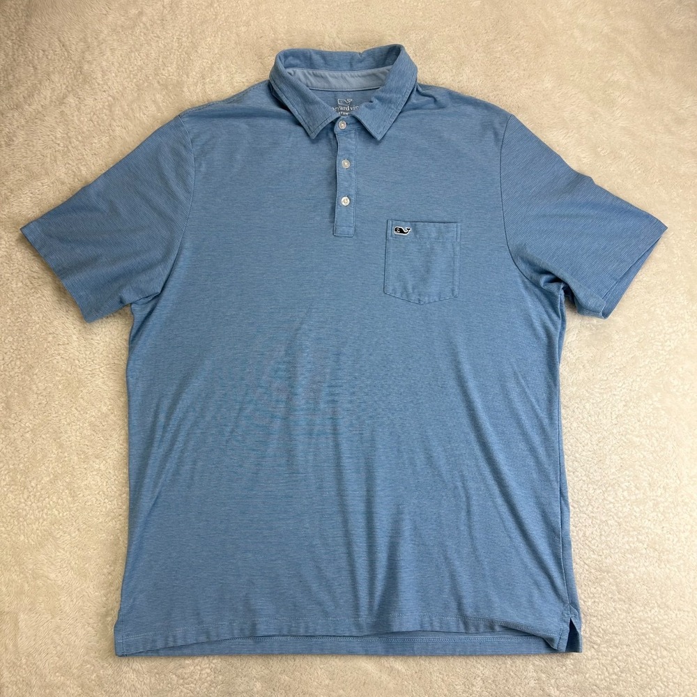 Vineyard Vines Polo Shirt Mens L Steel Blue Edgartown Short Sleeve Striped Golf